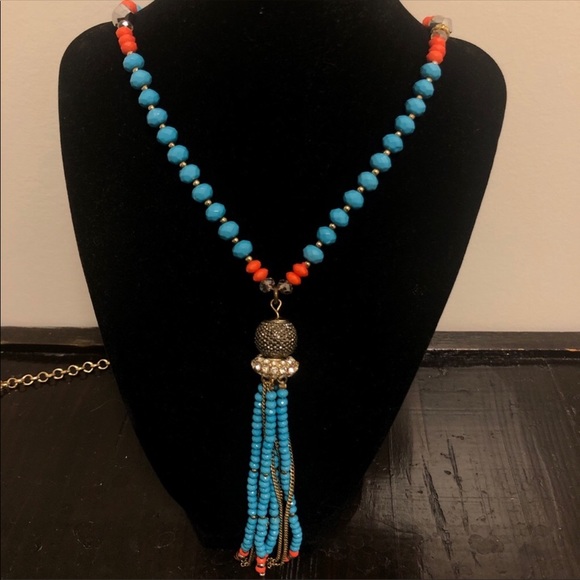 Jewelry - Beaded Long necklace blue orange gold beads cz stones with adjustable sizer NWT